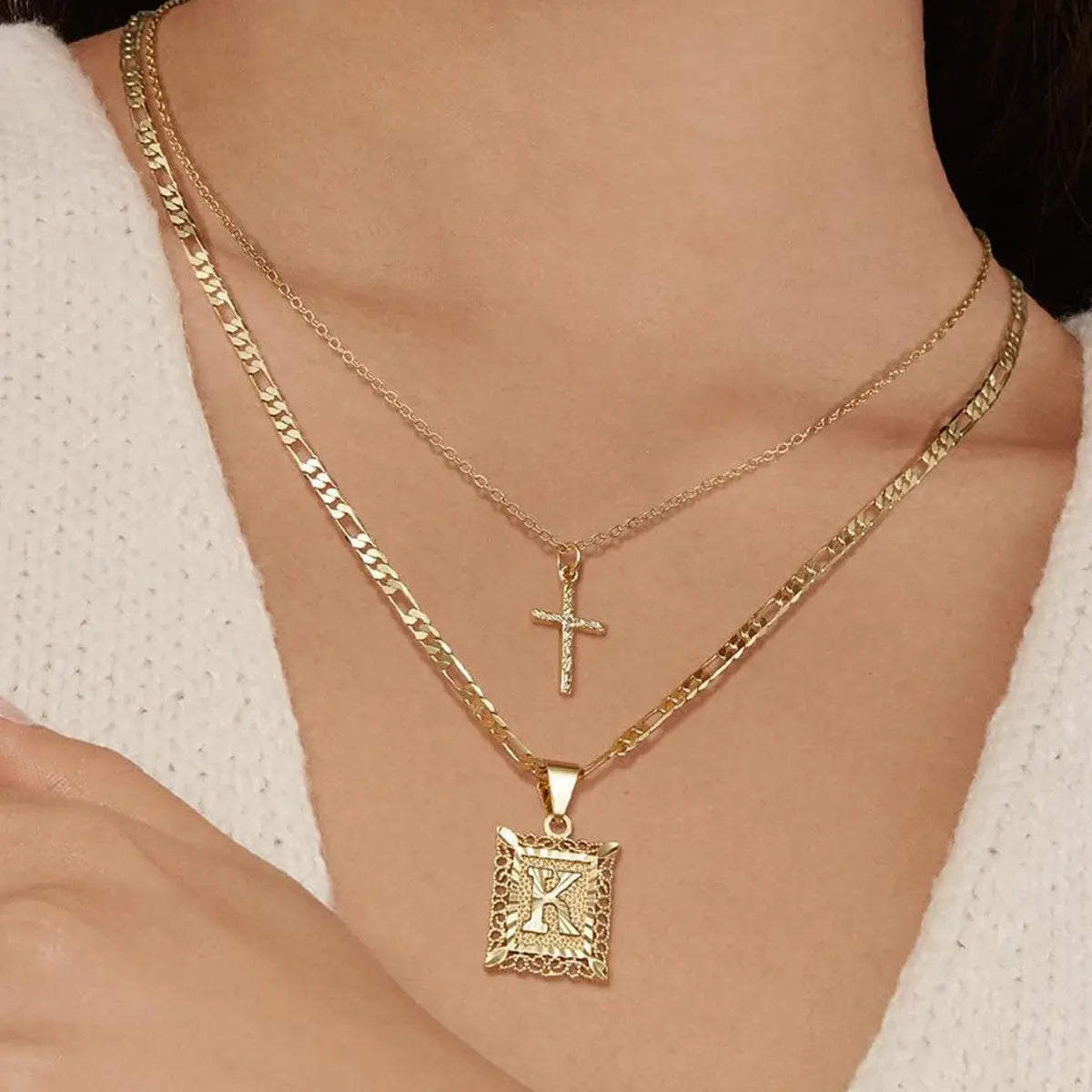 2pc 14k Initial & Cross Necklace Set Civiara