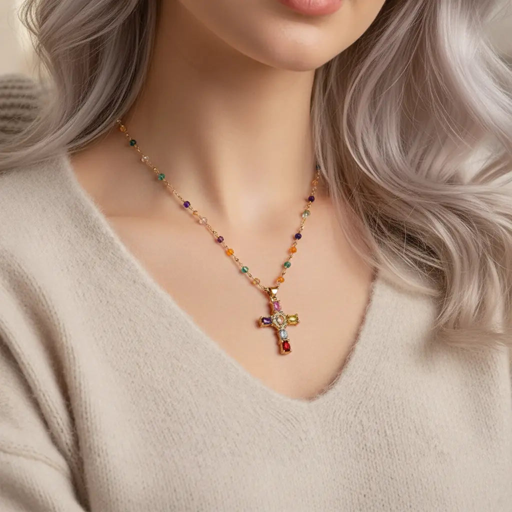 Dainty Colorful Gem Set Cross Necklace Civiara
