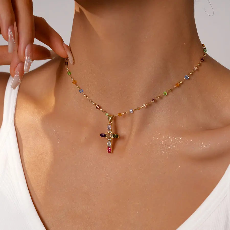 Dainty Colorful Gem Set Cross Necklace Civiara