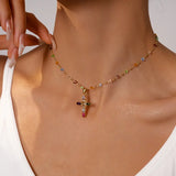 Dainty Colorful Gem Set Cross Necklace Civiara