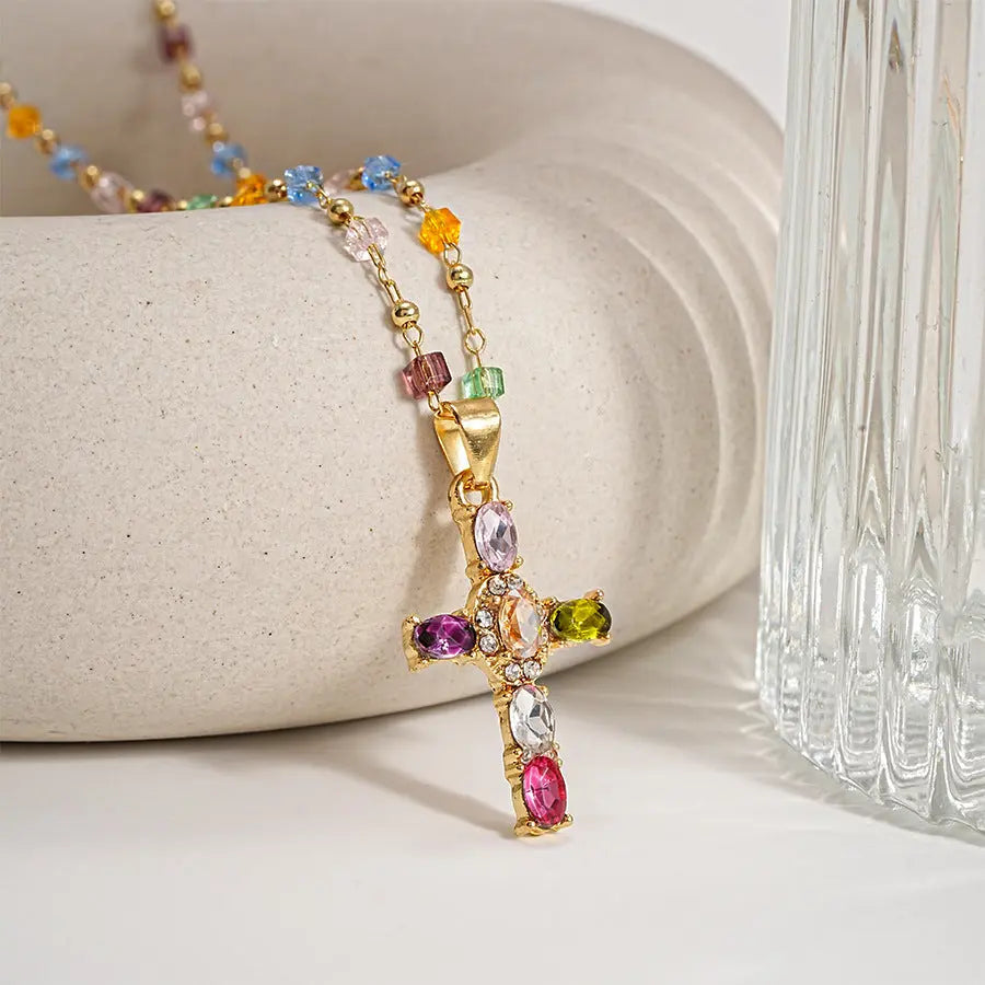 Dainty Colorful Gem Set Cross Necklace Civiara