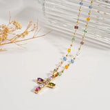 Dainty Colorful Gem Set Cross Necklace Civiara