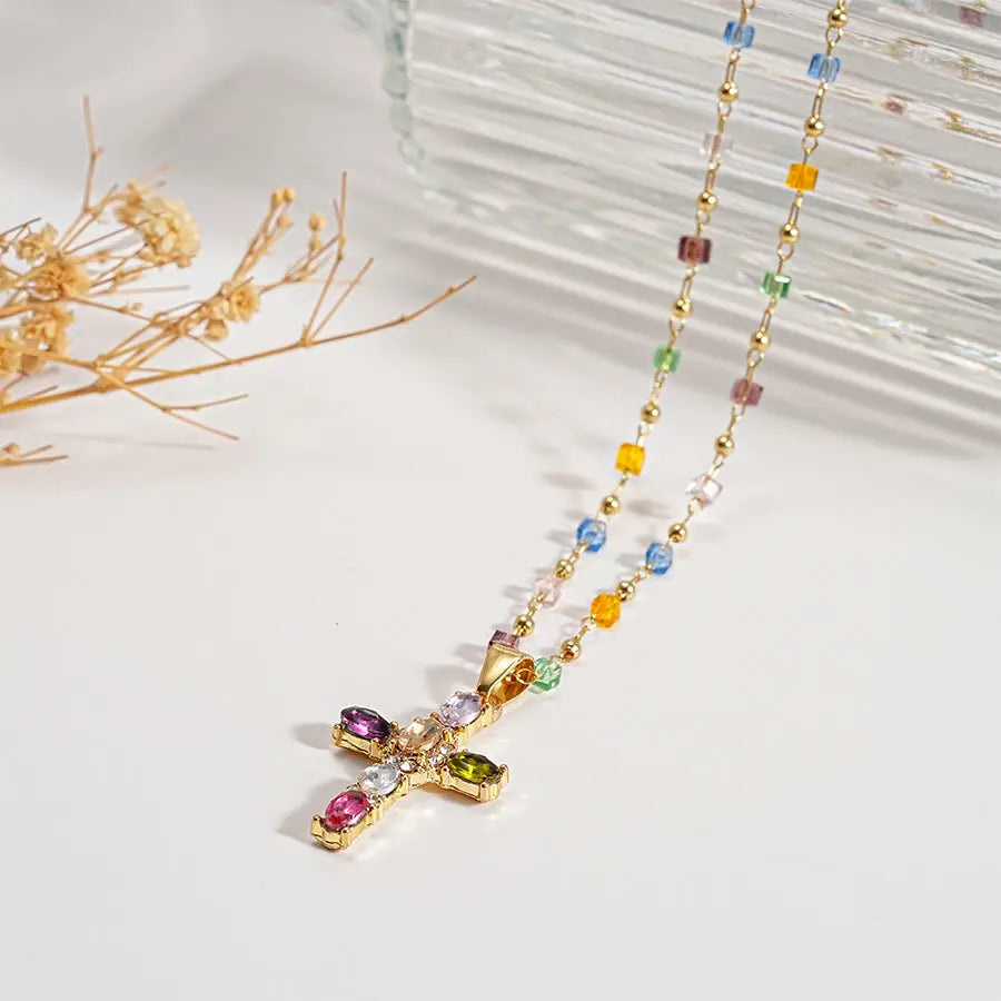Dainty Colorful Gem Set Cross Necklace Civiara