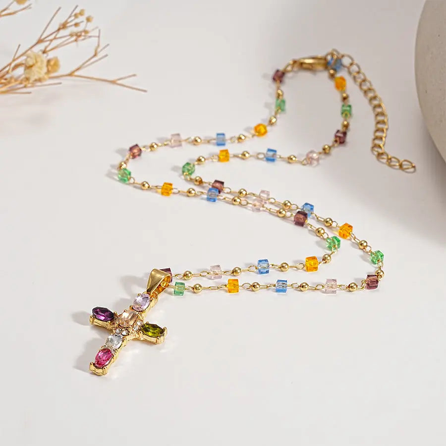 Dainty Colorful Gem Set Cross Necklace Civiara